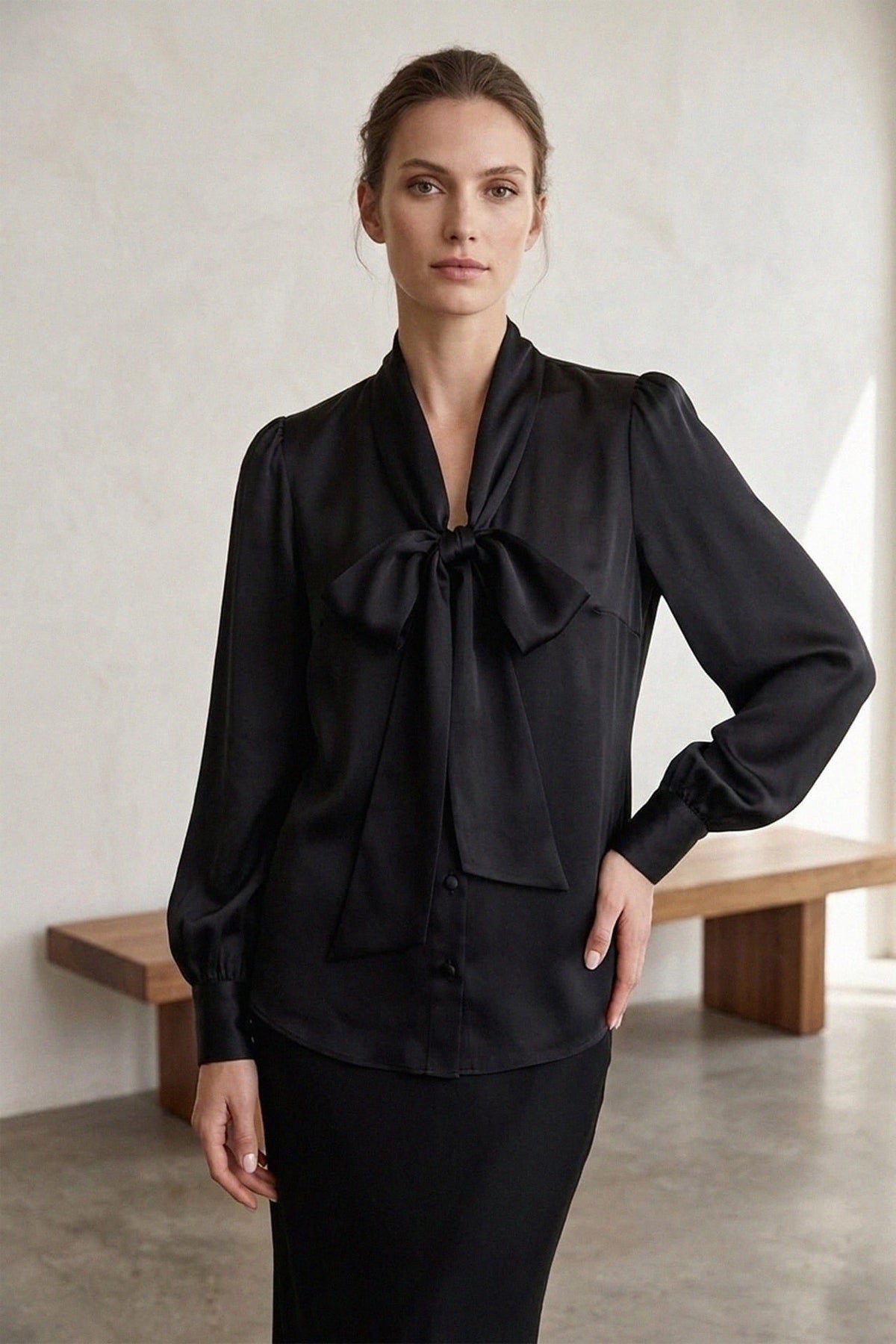 Black Satin Scarf Tie Neck Blouse