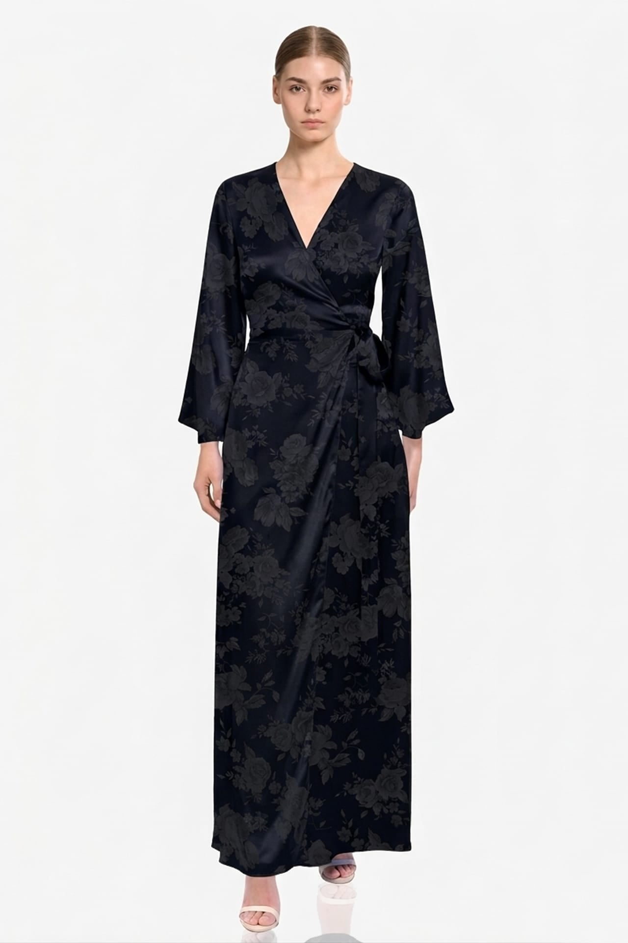 Black Long Sleeve Satin Maxi Dress – Formal Wedding Guest Dress