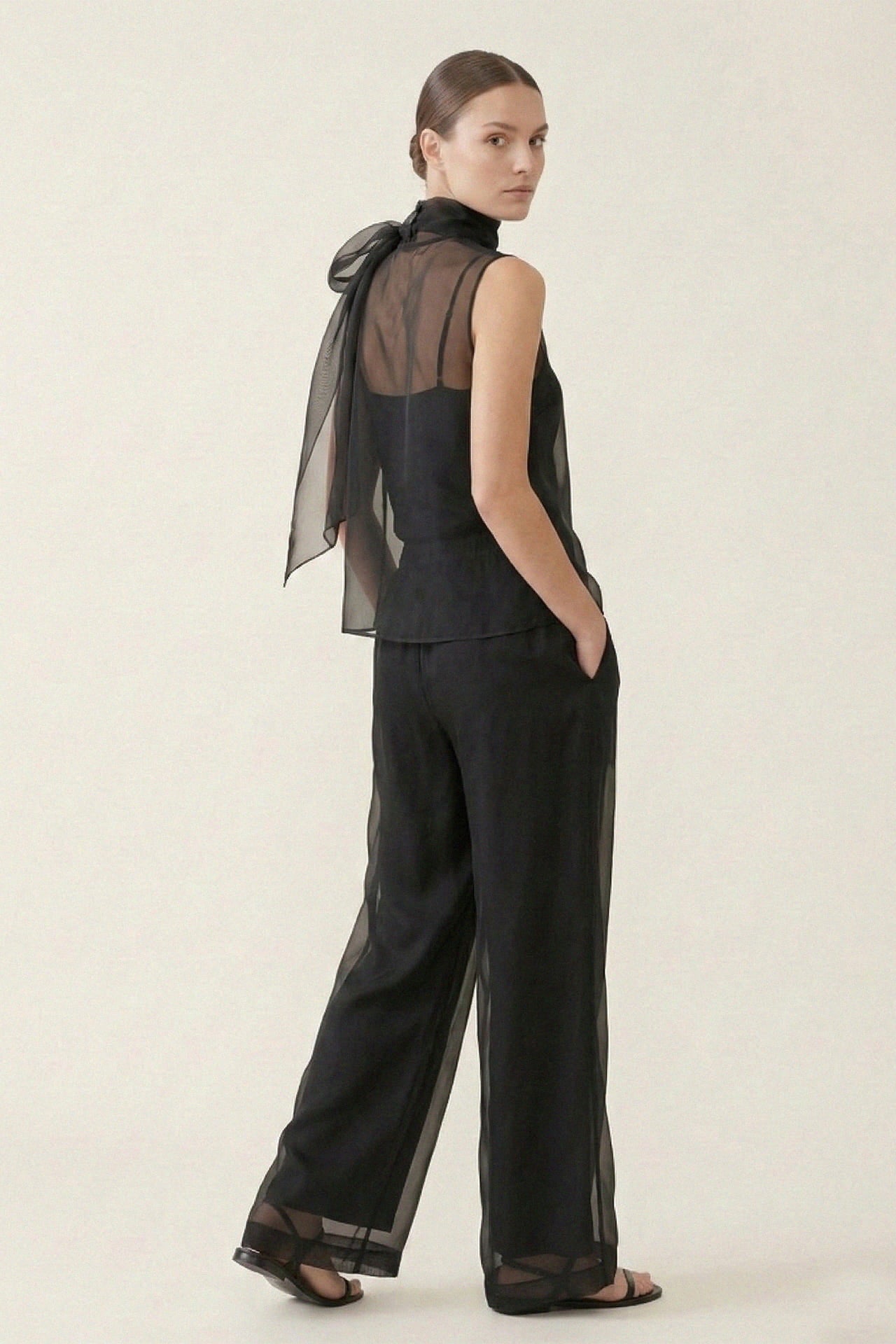 Black Sheer Organza Tie Neck Blouse