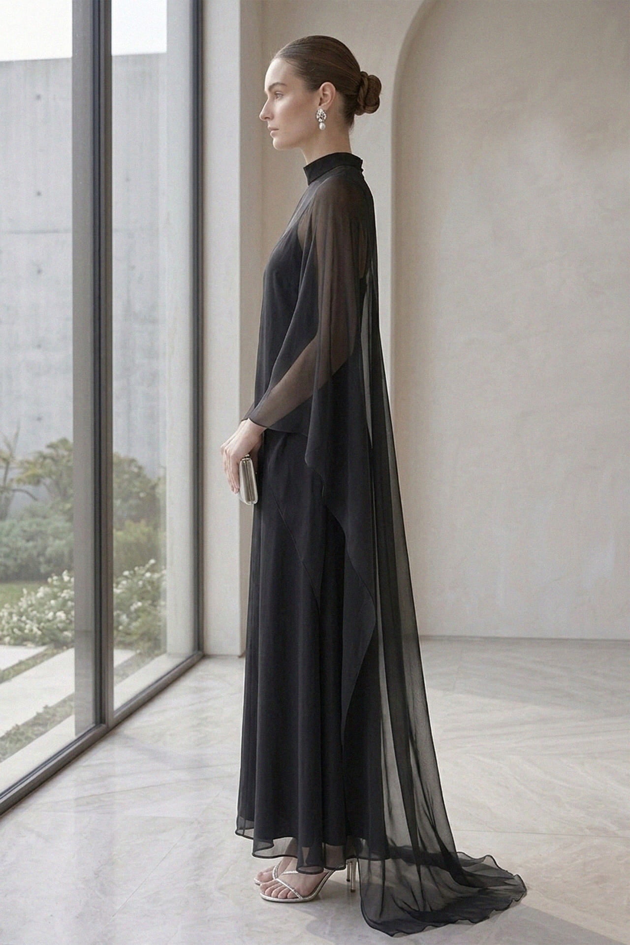 Black Sheer Organza Cape Overlay Gown