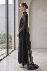 Black Sheer Organza Cape Overlay Gown