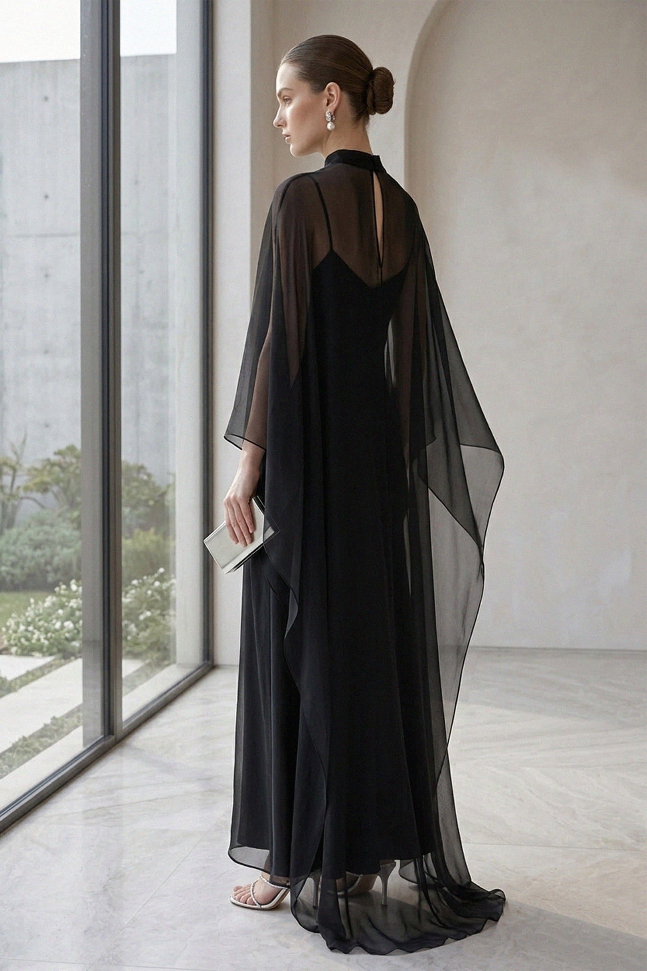 Black Sheer Organza Cape Overlay Gown