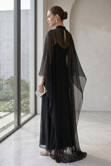 Black Sheer Organza Cape Overlay Gown