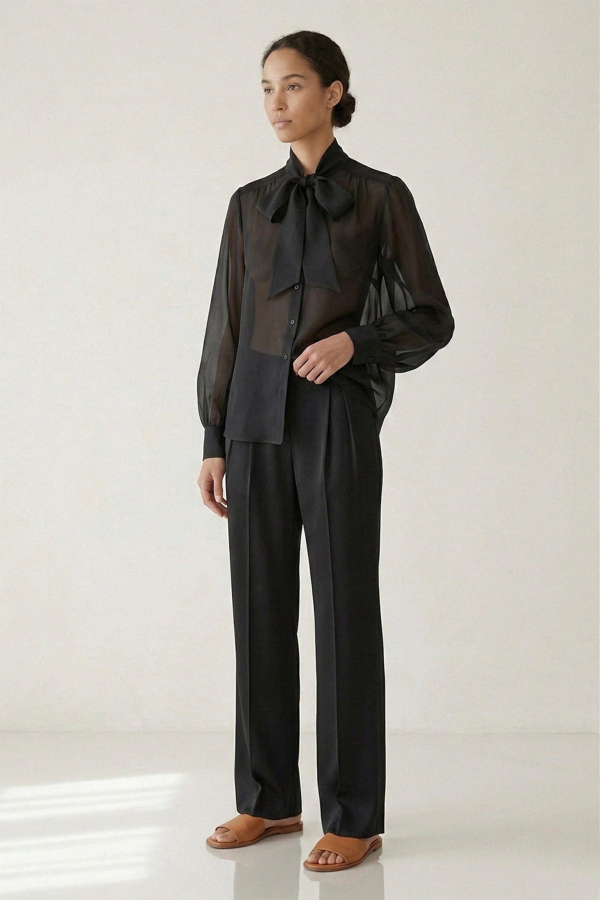Black Sheer Organza Tie-Neck Shirt