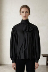 Black Silk Satin-Twill Tie-Neck Blouse