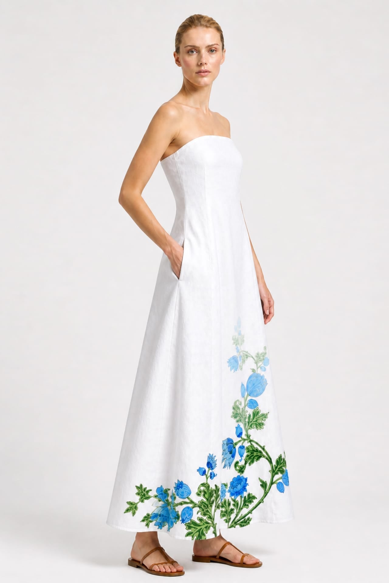 Blue and White Strapless Resort Maxi Dress with Pockets