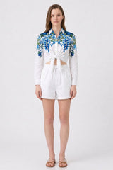 Blue & White Floral Tie Front Resort Shirt