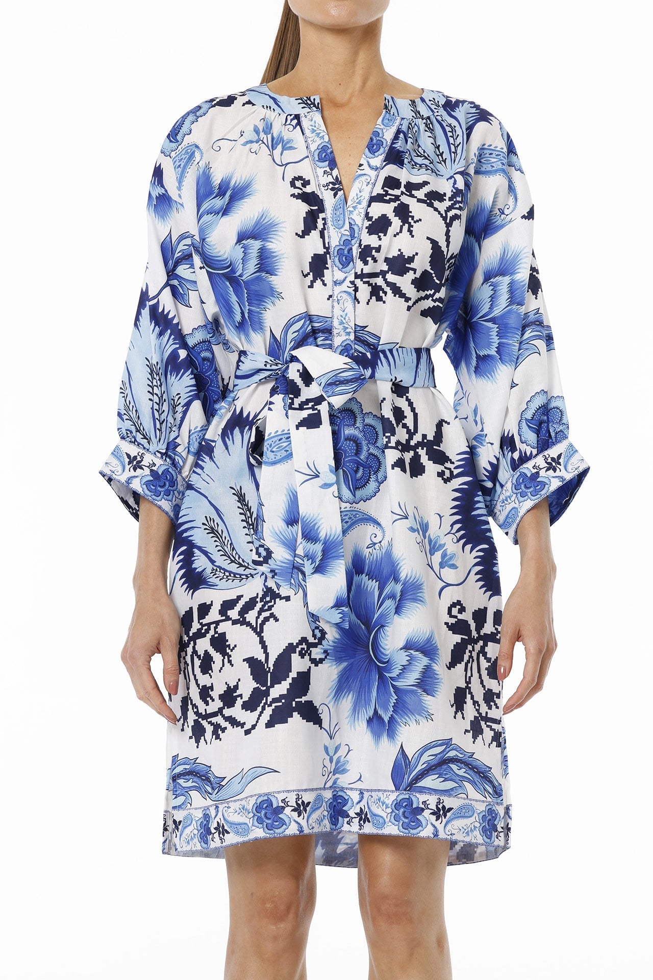 Blue And White Floral Midi Dress With Plunged Neckline