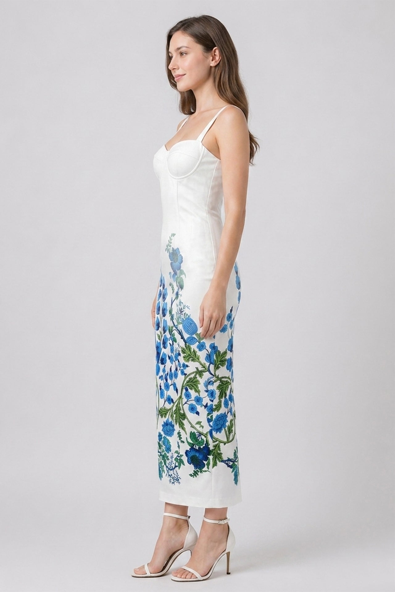 Blue Floral Corset Bodycon Midi Dress