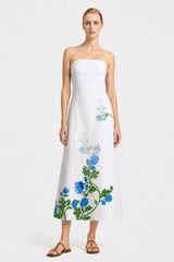 Blue & White Floral Strapless Wedding Guest Dress