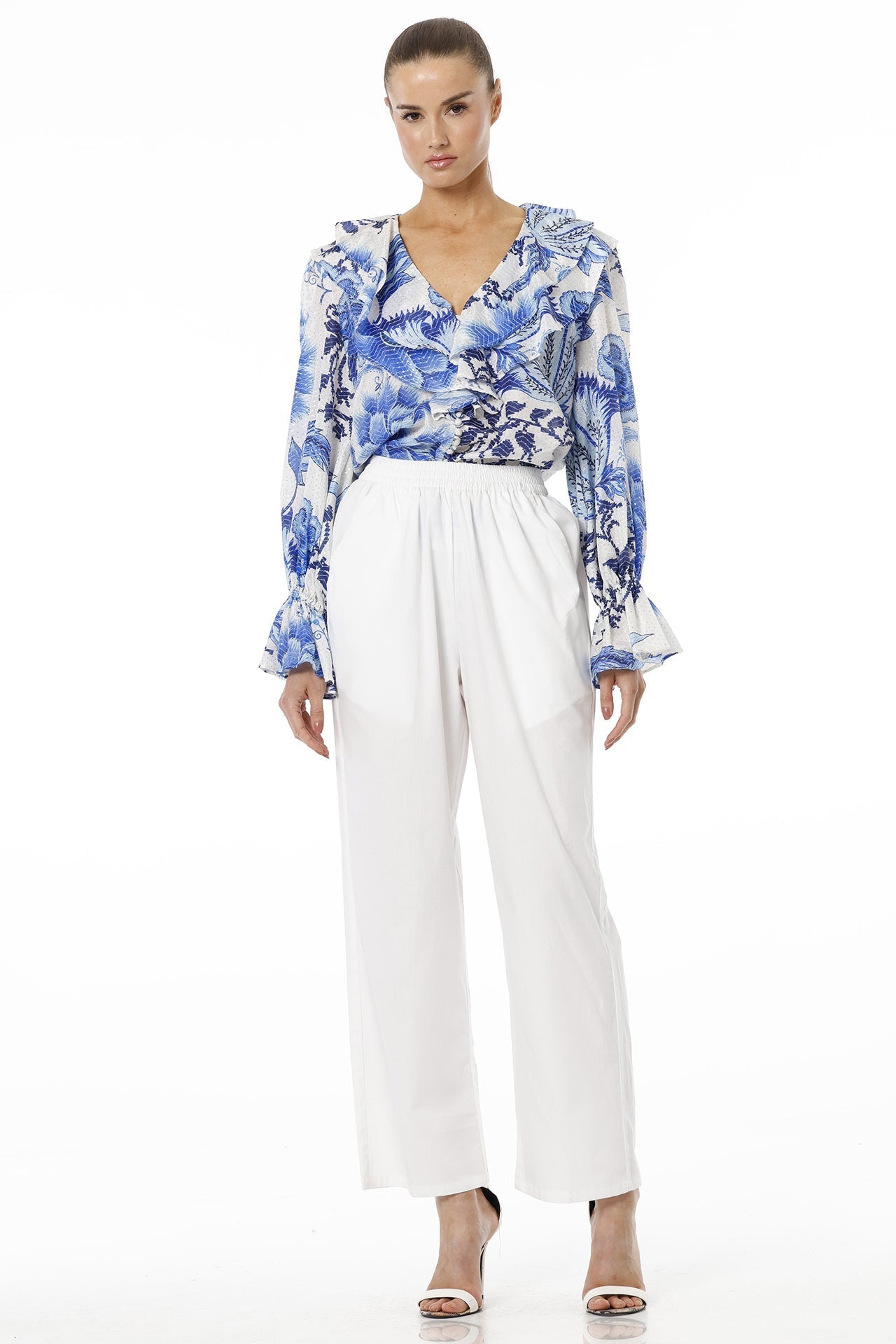 Blue Floral Print Top With Long Puff Sleeves