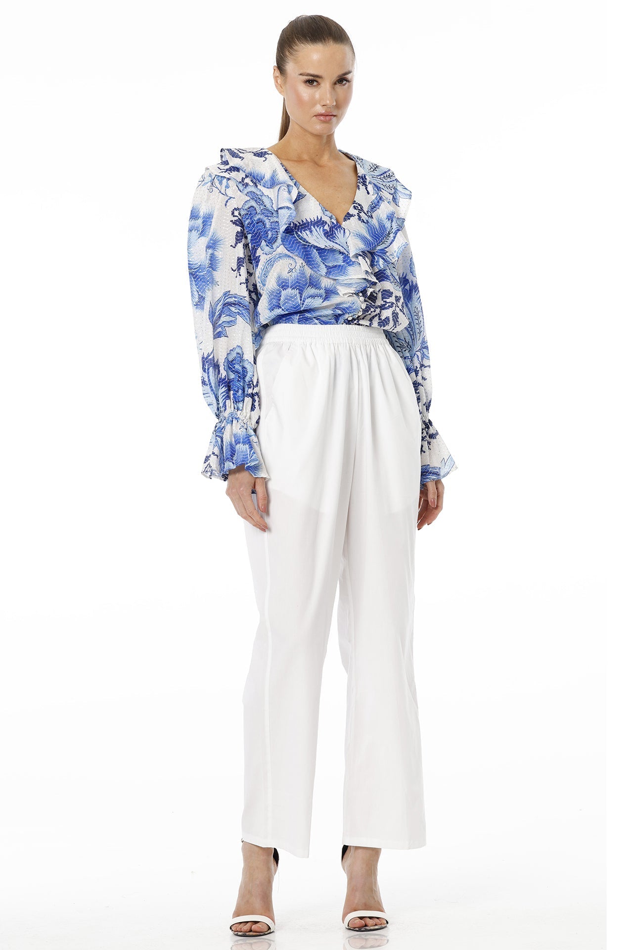 Blue Floral Print Top With Long Puff Sleeves