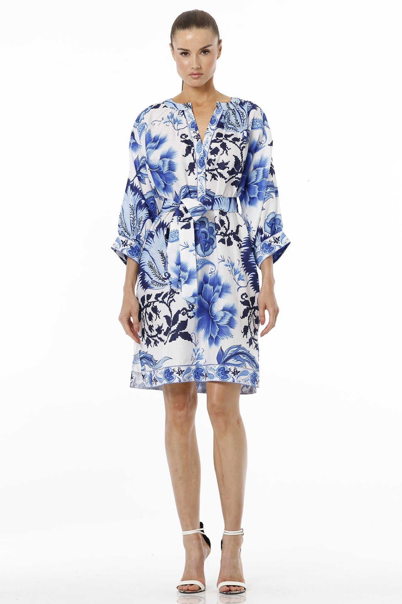 Blue And White Floral Midi Dress With Plunged Neckline