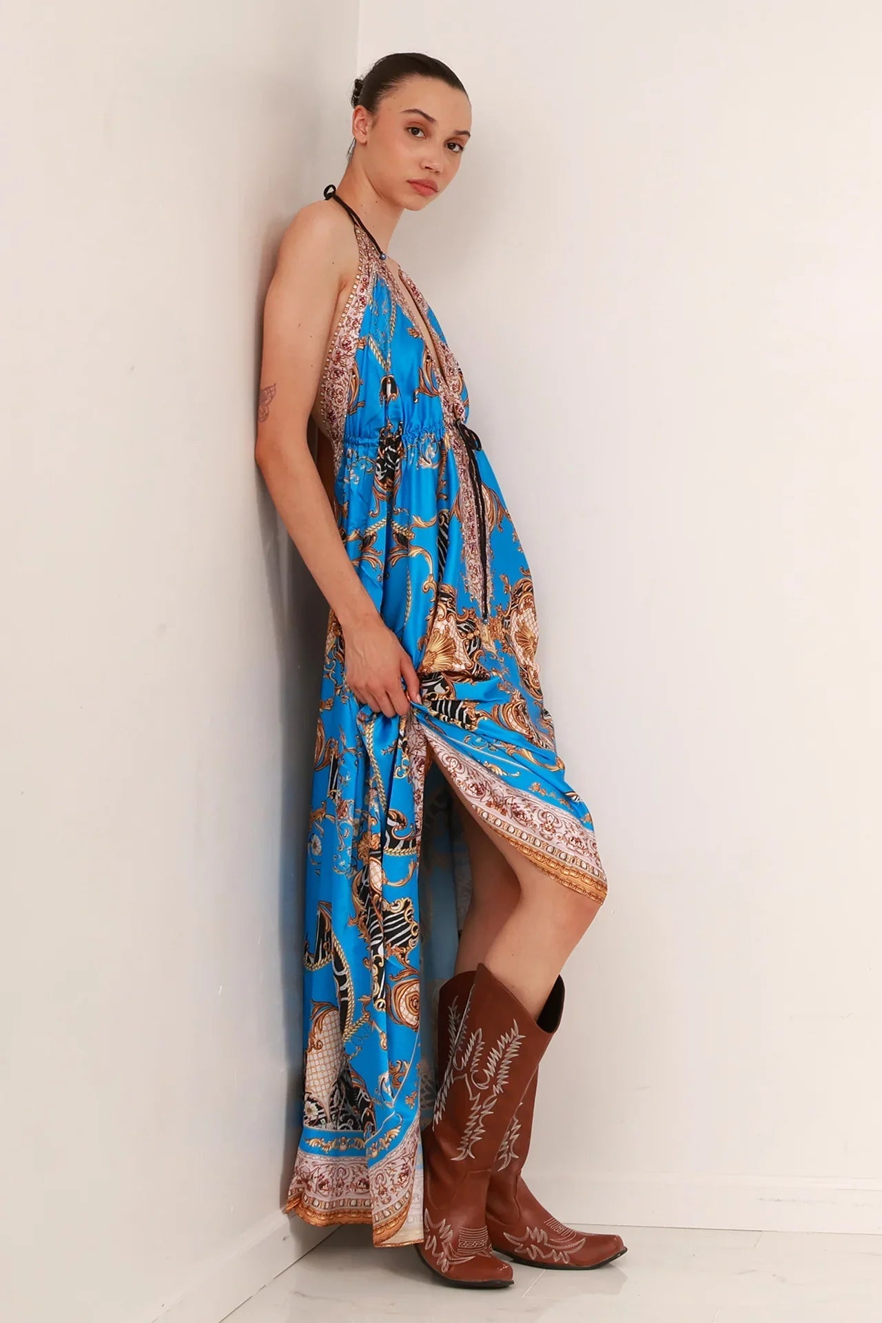Azure Blue Baroque Scarf Print Halter Maxi Dress