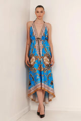Azure Blue Baroque Scarf Print Halter Maxi Dress