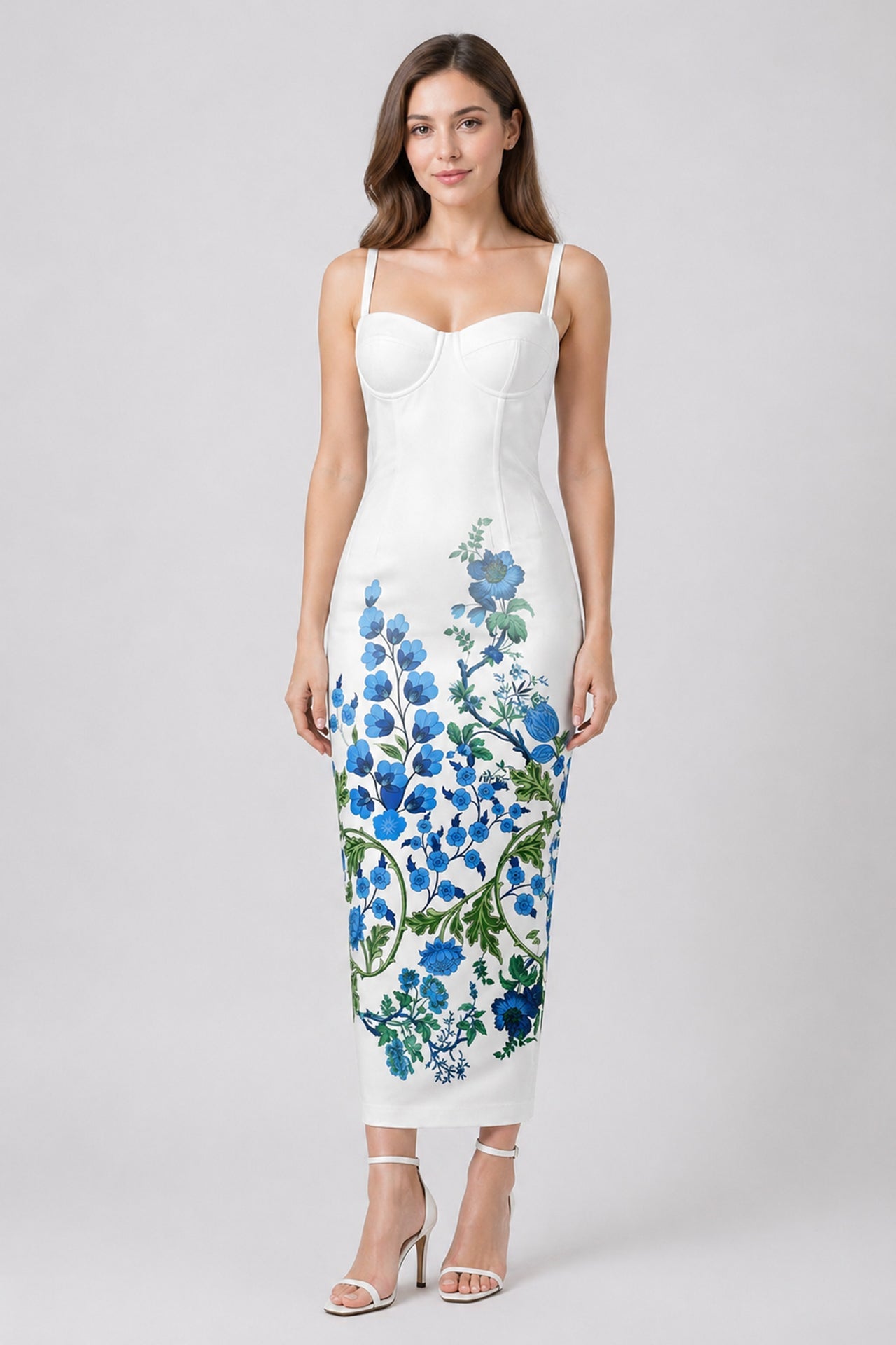 Blue Floral Corset Bodycon Midi Dress