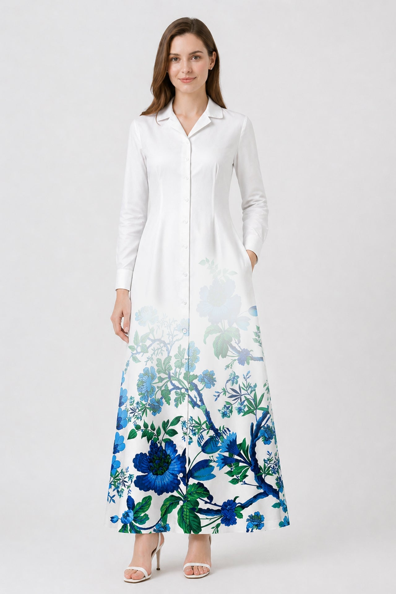 Blue Floral Maxi Shirt Dress with Pockets