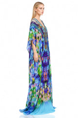 Azure Floral Silk Scarf Maxi Kaftan Dresses