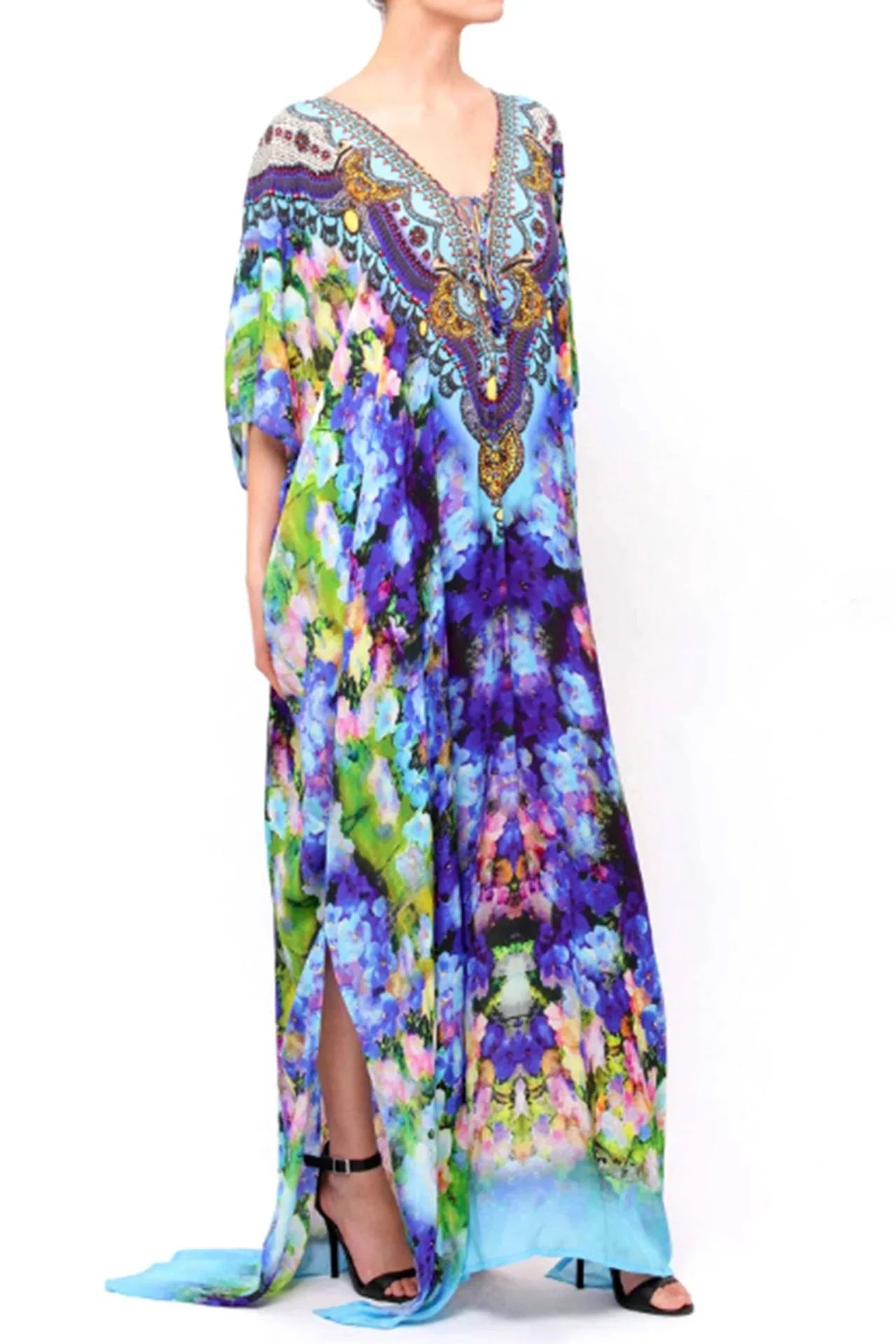 Azure Floral Silk Scarf Maxi Kaftan Dresses
