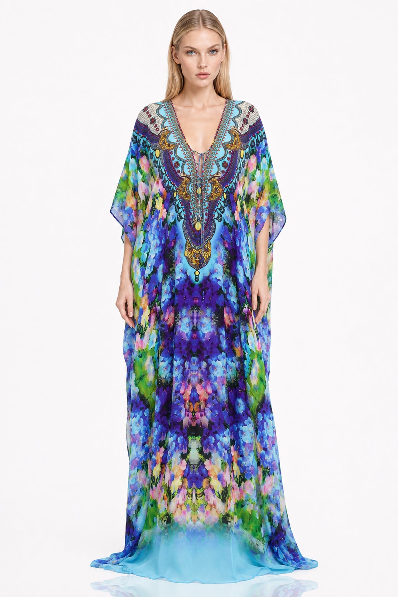 Azure Floral Silk Scarf Maxi Kaftan Dresses