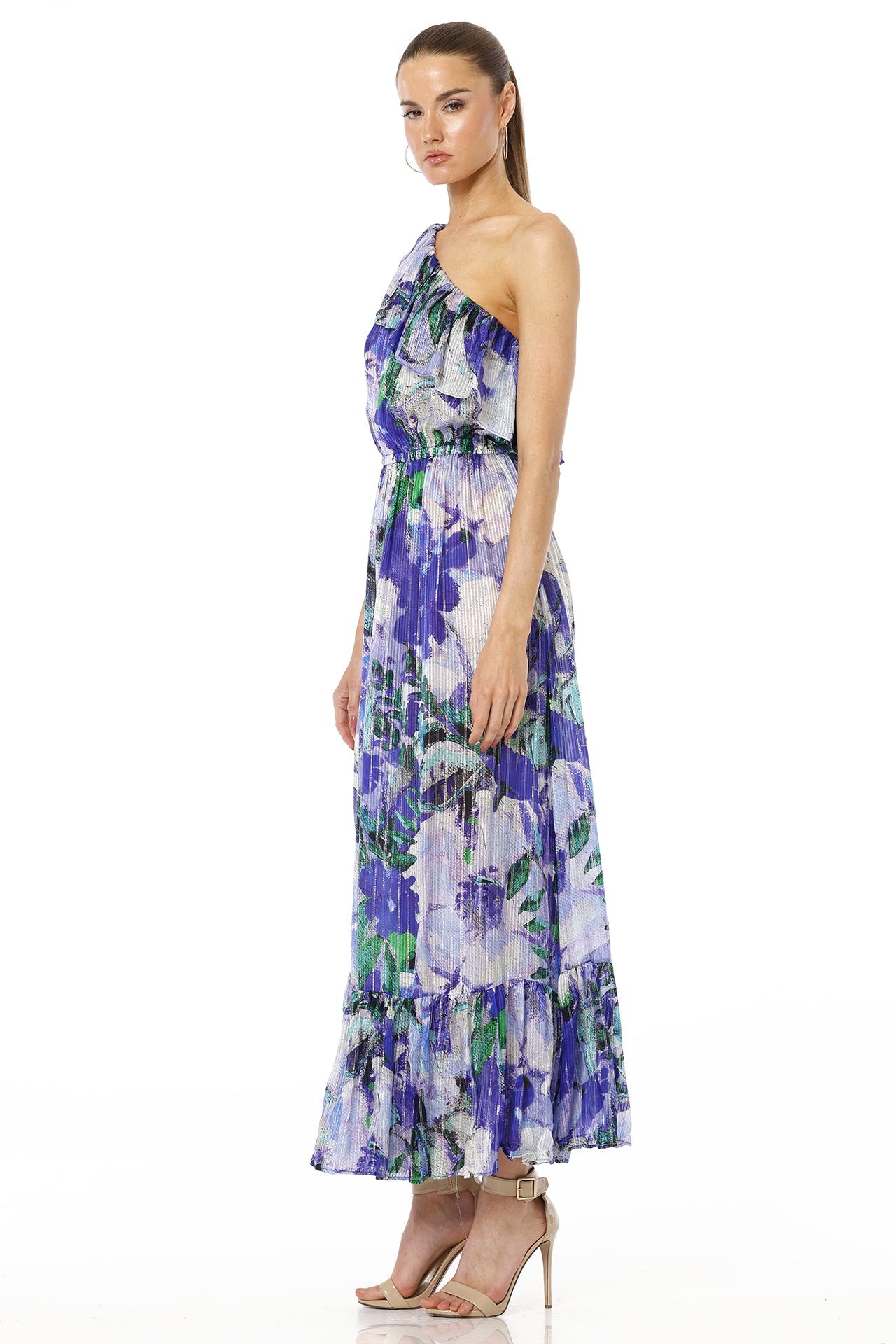 Blue Magic One Shoulder Floral Maxi Dress with Ruffle Neckline