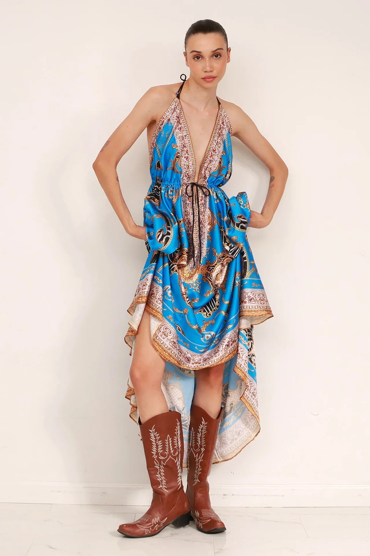 Azure Blue Baroque Scarf Print Halter Maxi Dress