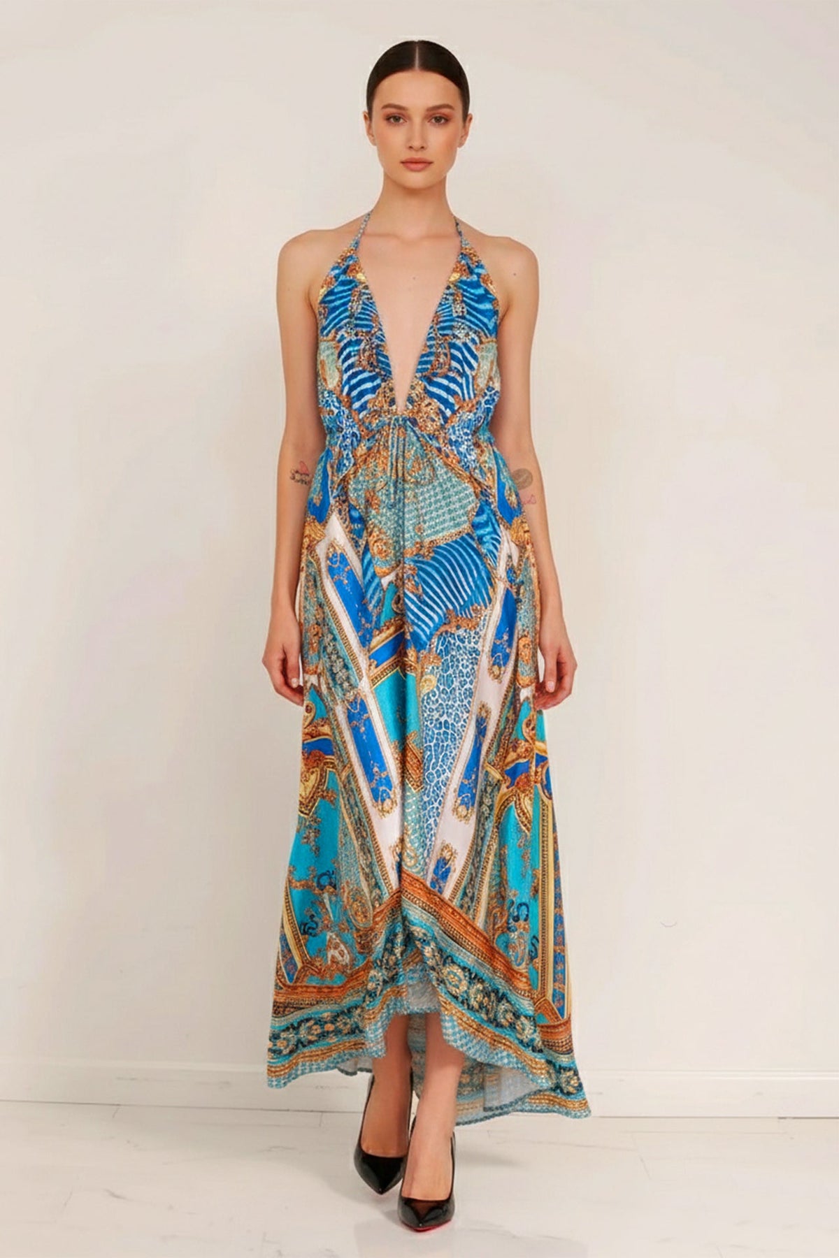 Blue Printed Silk Scarf Maxi Dress
