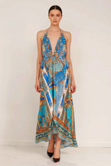 Blue Printed Silk Scarf Maxi Dress