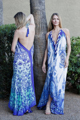 Blue Royal Scroll Print Halter Maxi Dress