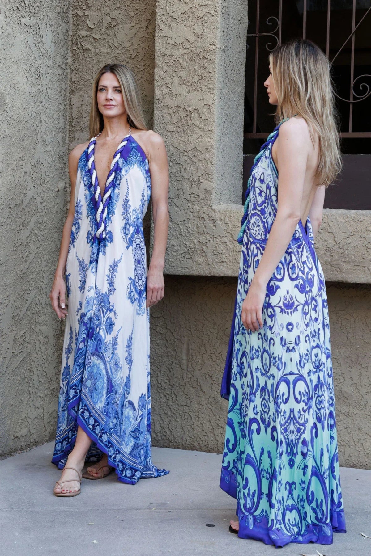 Blue Royal Scroll Print Halter Maxi Dress