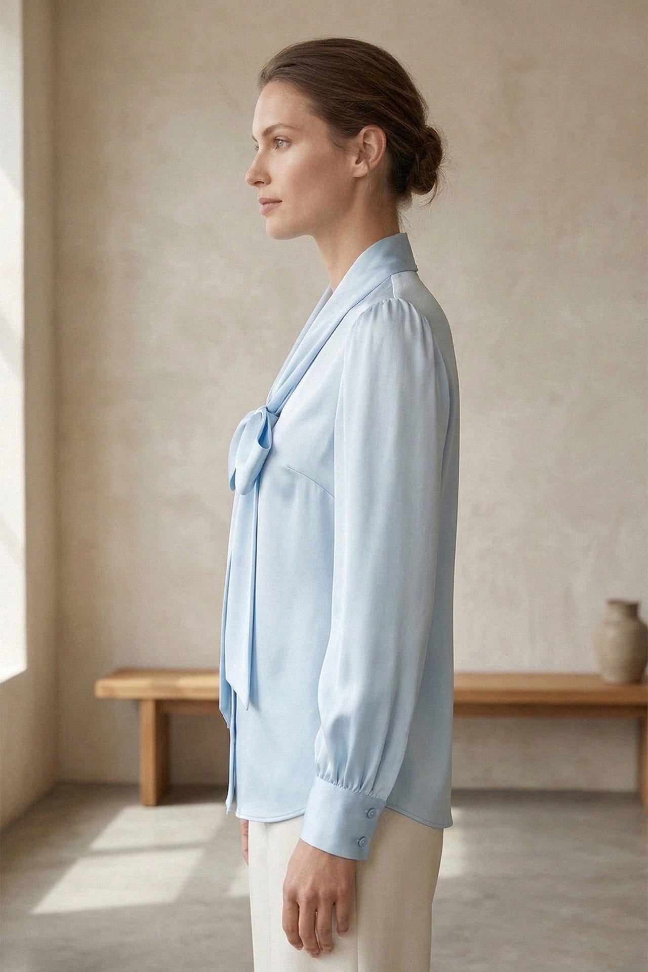 Blue Scarf Tie Neck Satin Blouse