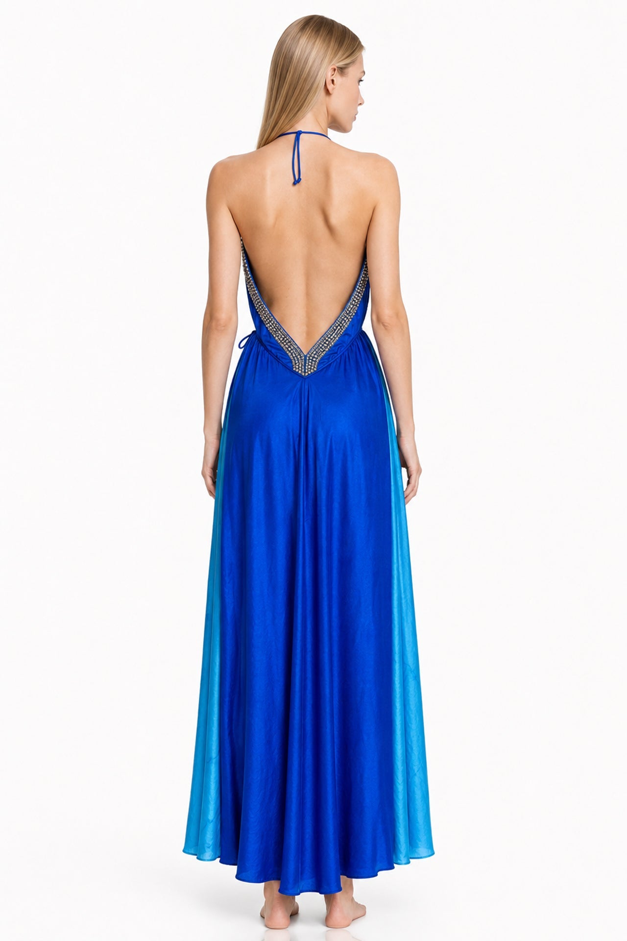 Blue Tie-Dye Embellished Halter High-Low Maxi Dress