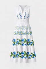 Blue & White Sleeveless Floral Cotton Poplin Midi Dress