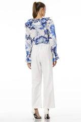 Blue Floral Print Top With Long Puff Sleeves