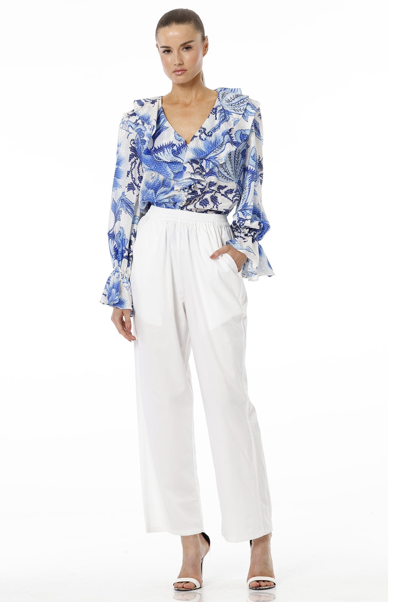 Blue Floral Print Top With Long Puff Sleeves