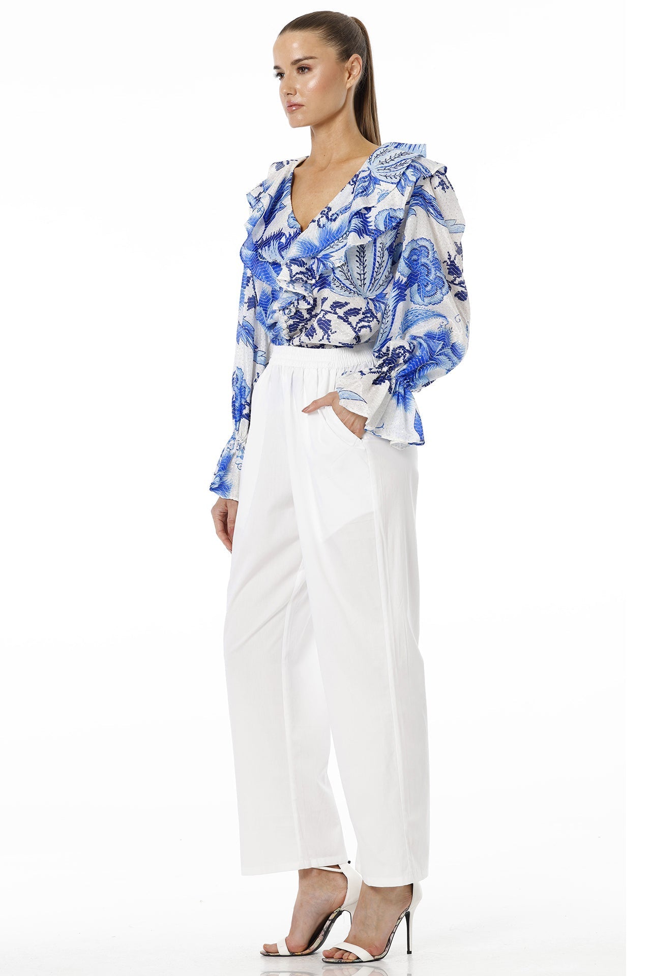 Blue Floral Print Top With Long Puff Sleeves