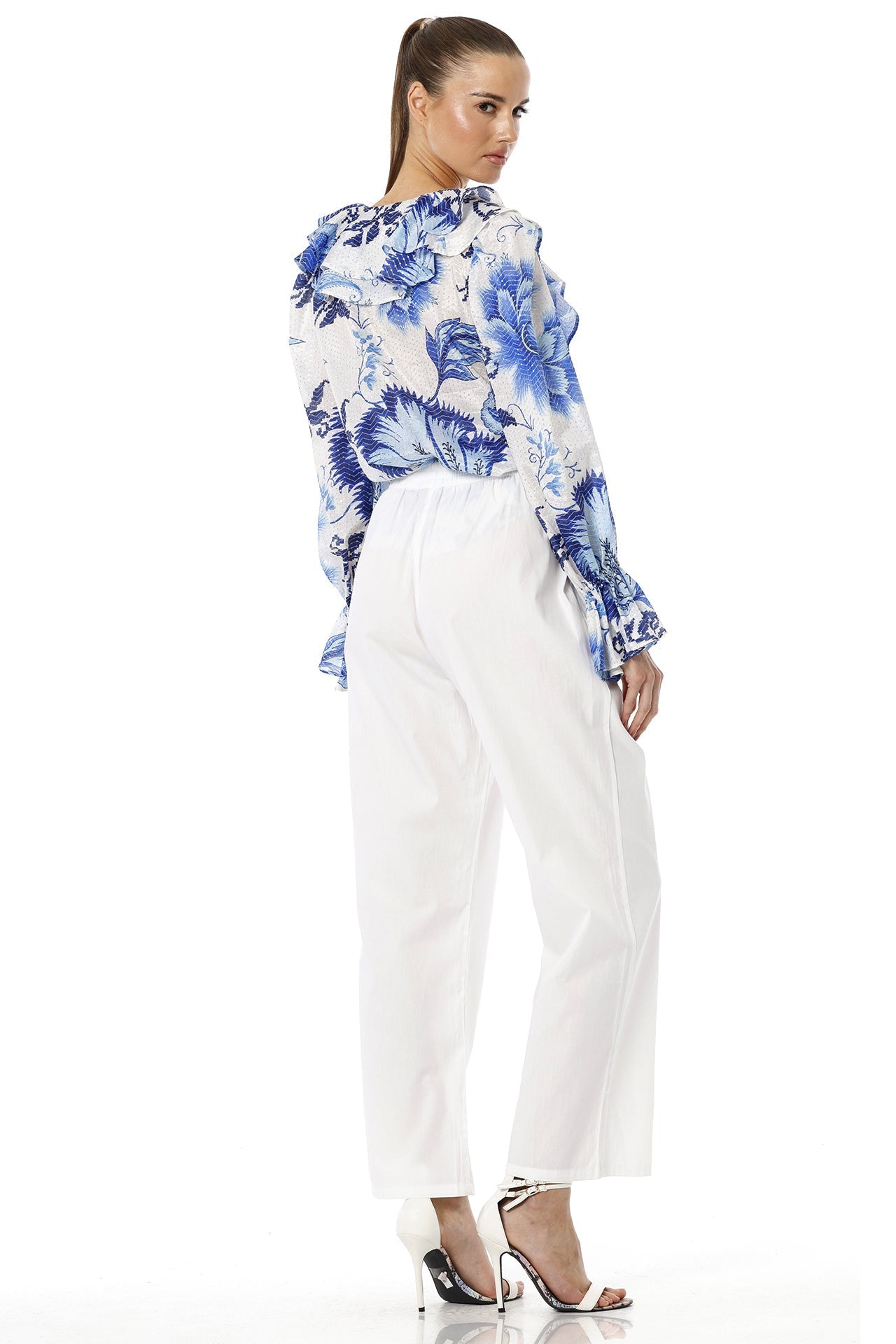 Blue Floral Print Top With Long Puff Sleeves
