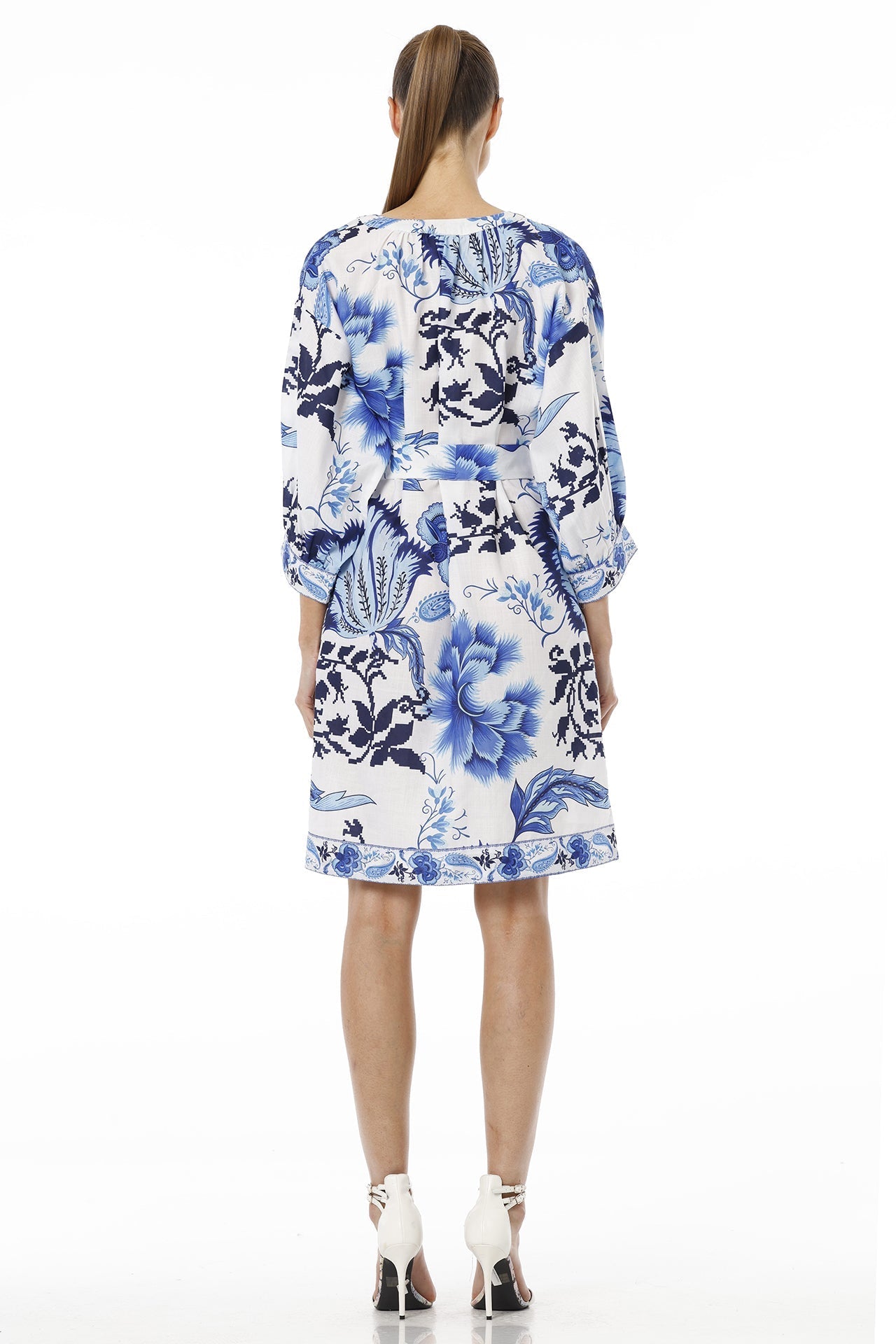 Blue And White Floral Midi Dress With Plunged Neckline