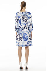 Blue And White Floral Midi Dress With Plunged Neckline