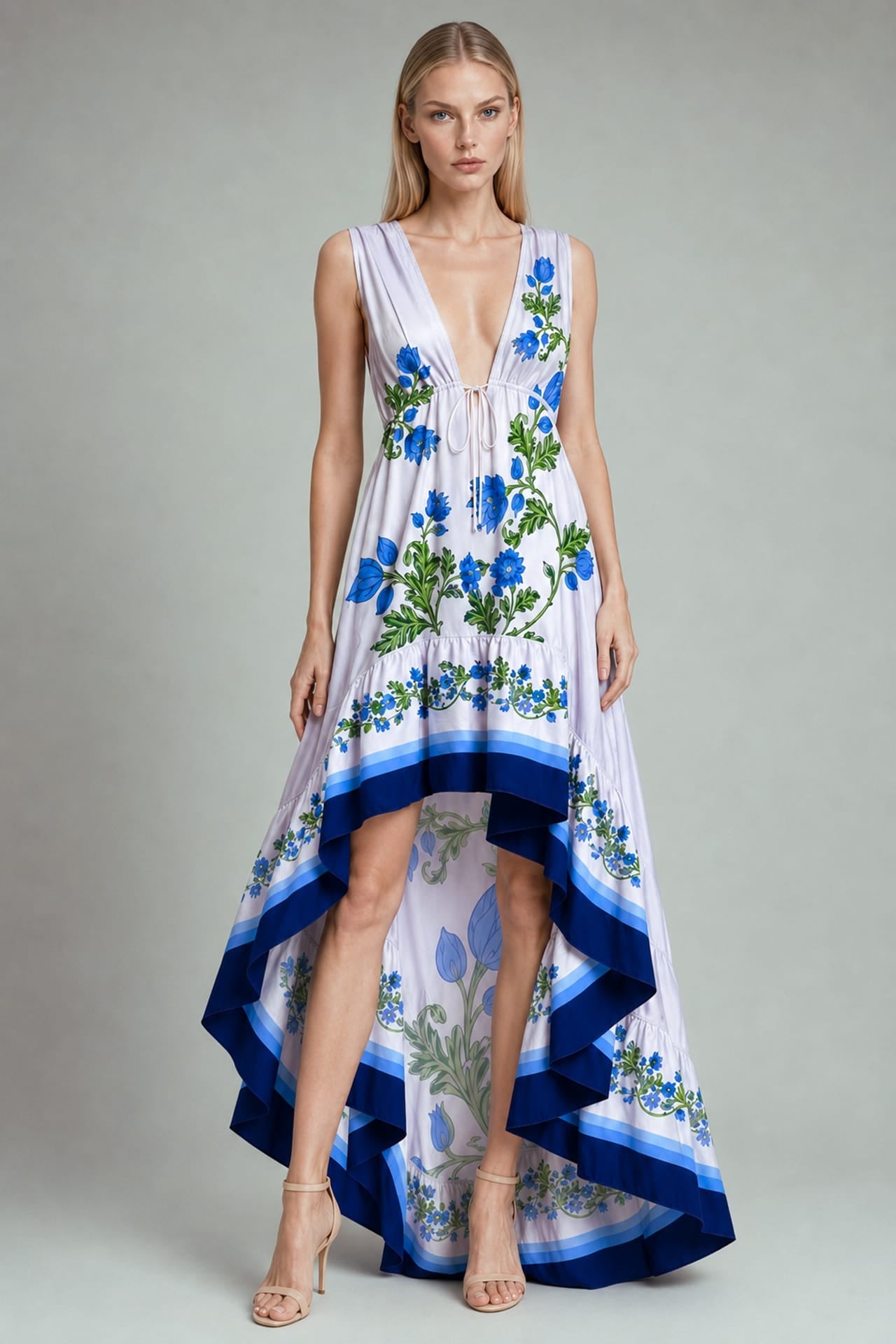 Blue Floral High-Low Maxi Dress with Deep V Neckline