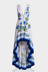 Blue Floral High-Low Maxi Dress with Deep V Neckline