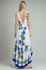 Blue Floral High-Low Maxi Dress with Deep V Neckline