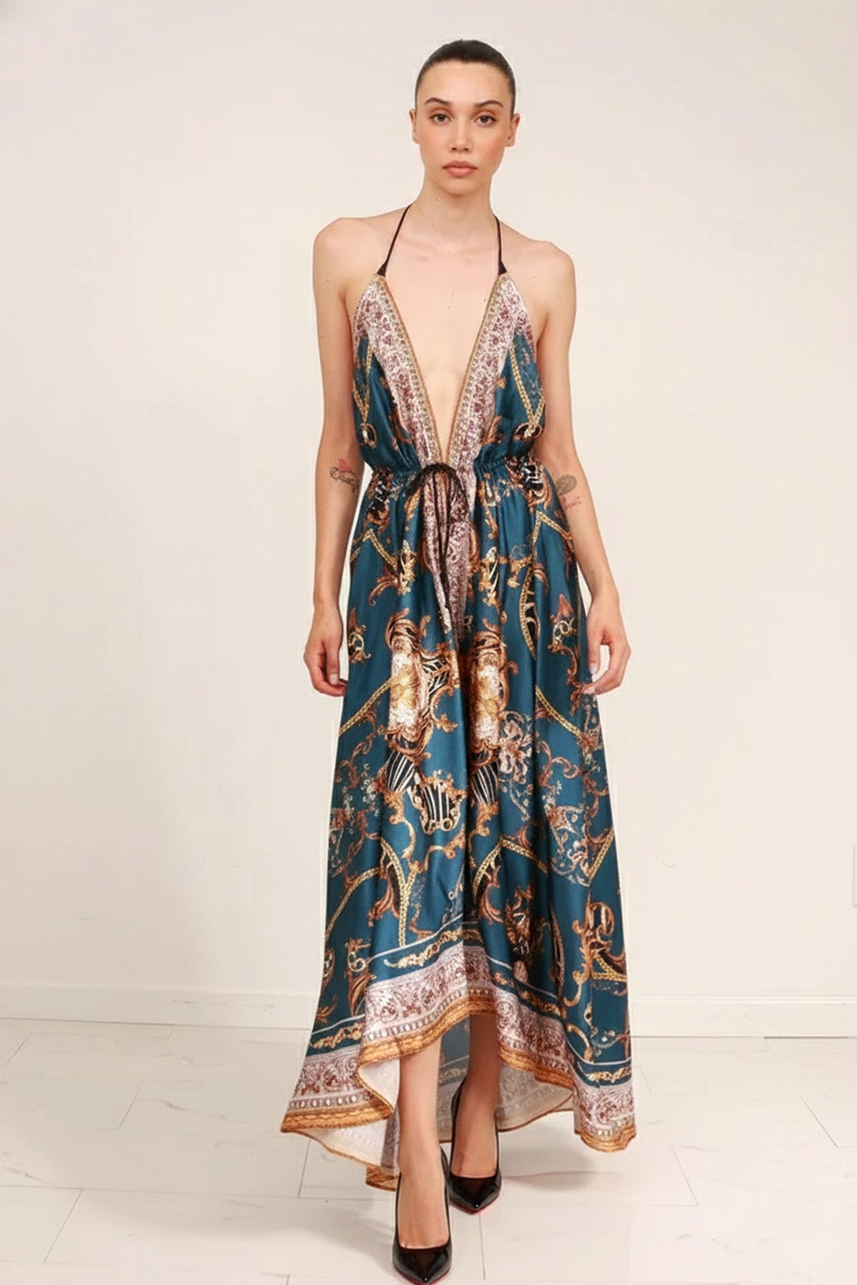 Blue Grey Baroque Scarf Print Halter Maxi Dress