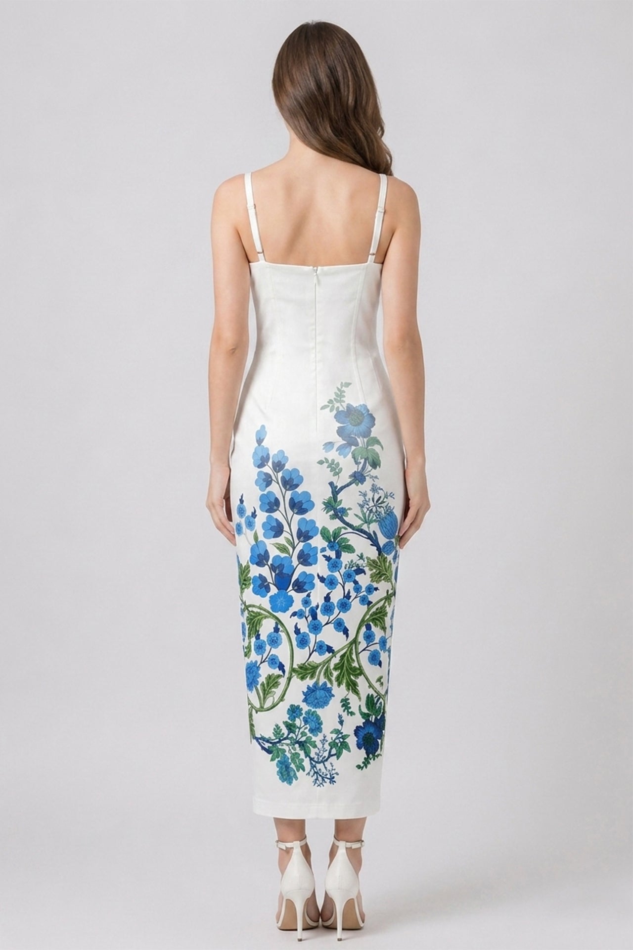 Blue Floral Corset Bodycon Midi Dress