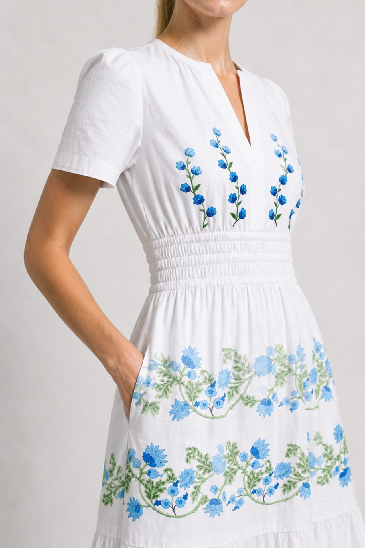 Blue & White Cotton Poplin Midi Dress with Pockets