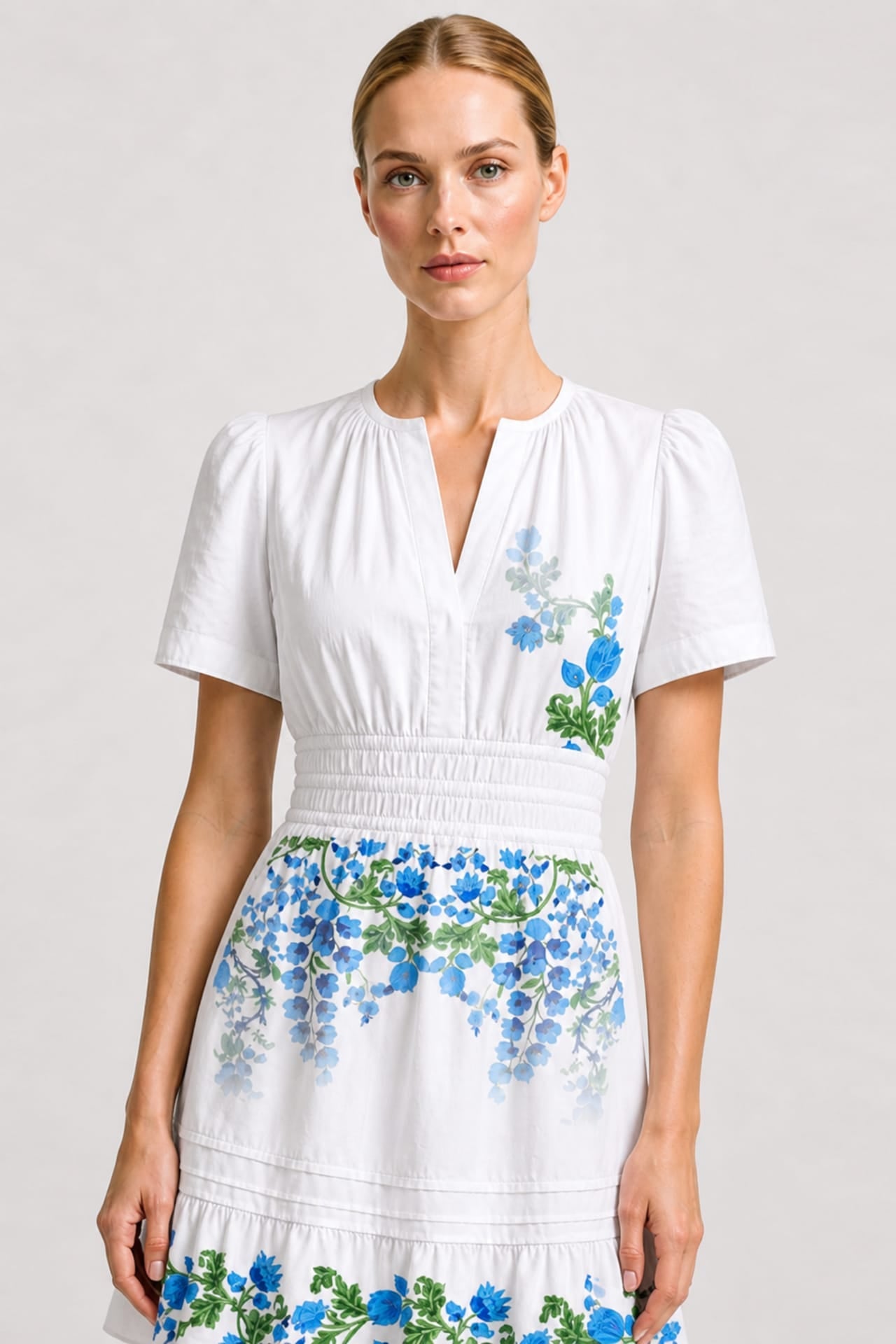 Blue & White Floral Organic Cotton Poplin Mini Dress