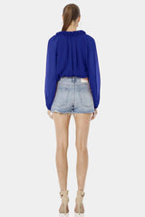 Blue Long Puff Sleeves Top With Ruffle Neckline