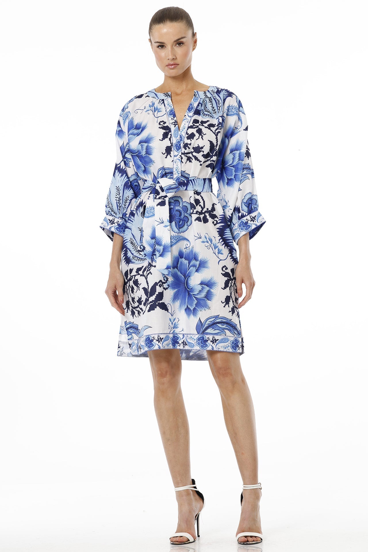 Blue And White Floral Midi Dress With Plunged Neckline