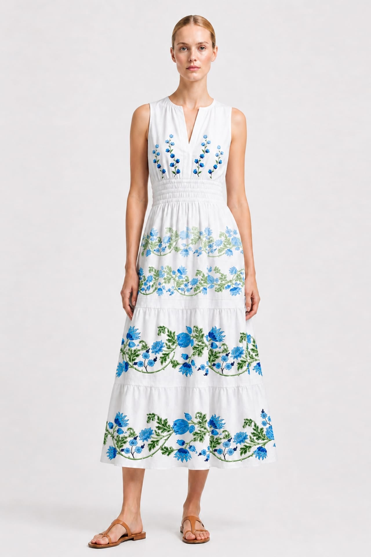 Blue & White Sleeveless Floral Cotton Poplin Midi Dress