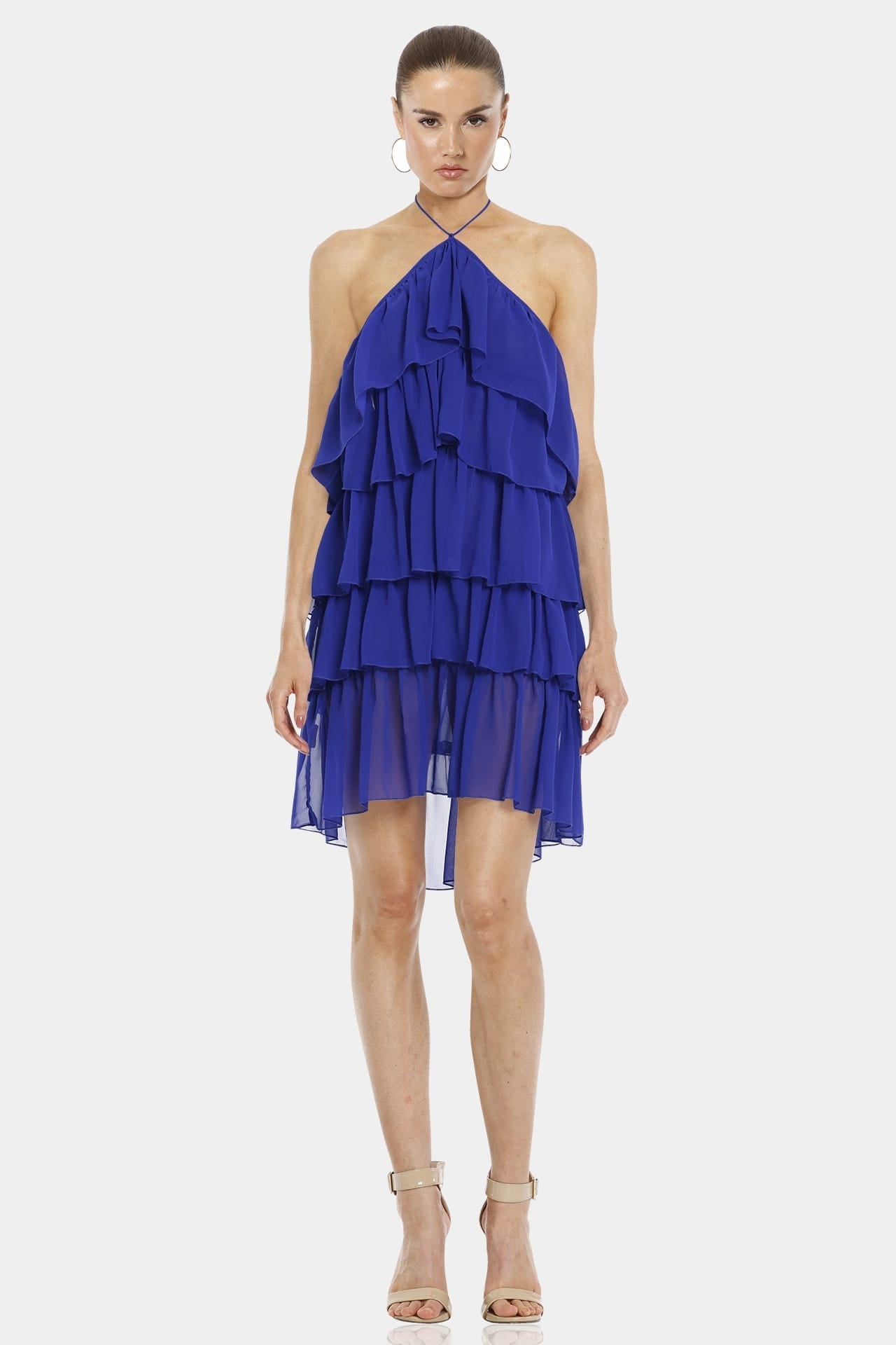 Blue Mini Ruffle Dress With Cross Neckline